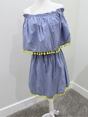 Chambray blue Off-Shoulder Pom Pom mini dress